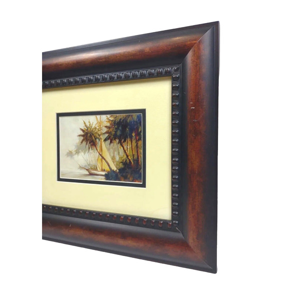 Framed Double Matted Print Leaving Out by Malarz 16" x 14" Sailboats Palm Trees - Picture 3 of 9